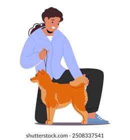 Female Owner Character Crouching Beside Calm And Well-groomed Dog During Dog Show Event. Woman Is In A Light Blue Jacket, Showing Positive Interaction And Joy With Her Pet. Cartoon Vector Illustration