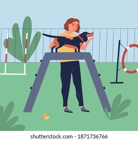 Female owner demonstrate or training her dog at playground. Cynologist teach purebred dachshund in park. Cheerful woman with posing puppy outdoors. Flat vector cartoon illustration of trained pet