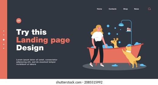 Female owner washing dogs in bathtub. Woman bathing domestic animal sitting in foamy tub flat vector illustration. Pets, hygiene, grooming concept for banner, website design or landing web page