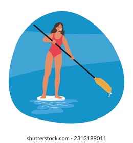 Female Paddleboarder Gracefully Glides Across The Water, Confidently Maneuvering Her Sup Board While Enjoying A Refreshing Swim. Female Character Water Activities. Cartoon People Vector Illustration