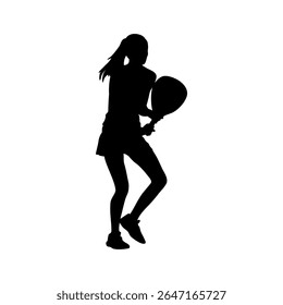 Female Padel Player in Action Silhouette Pose, Woman Holding Padel Racket in Ready Athletic Stance