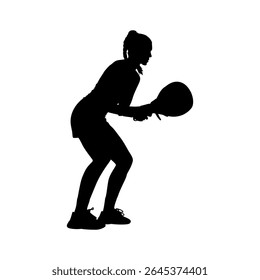 Female Padel Player in Ready Stance Silhouette Illustration, Focused Woman Holding Paddle in Sport Action Pose
