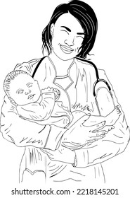 Female Paediatrician Doctor Holding Newborn Baby, Vector Illustration Of A Woman Nurse Doctor Or Midwife Holding A Baby Infant In Her Hands In A Maternity Hospital, Kid Doctor Sketch Drawing Silhouett