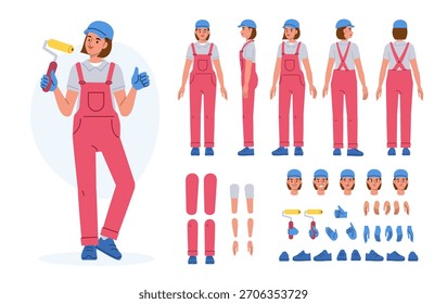 Construtor de personagens de pintura e decorador feminino para animação. Artesã mulher vestindo macacão de trabalho e segurando ferramentas de pintura. Vista frontal, lateral e traseira configuradas. Ilustração vetorial.