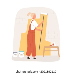 Female painter dyeing wall with paint roller tool. Worker painting building. Woman working in professional repair service. Colored flat vector illustration isolated on white background