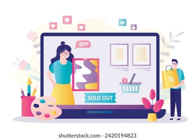 Female painter holds picture on laptop screen. Woman artist sells painting in online art shop or internet gallery. Buyer with shopping bag. Art gallery, business concept. flat vector illustration