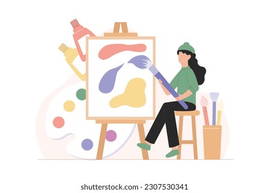 Female painter is painting on the canvas. Vector Flat Illustration