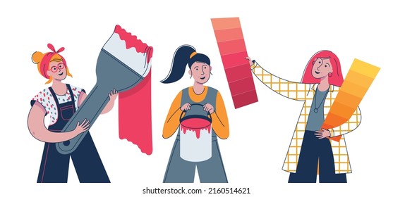 Female Painters And Decorator Applying Paint To Wall. Women Professional Painter With Brush, Paint Bucket, Color Swatches. Decorator Job, Interior Renovation Service. Flat Vector Illustration