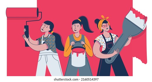 Female Painters In Uniform Applying Paint To Wall With Paint Roller, Brush, Paint Bucket. Women Professional Painter. Decorator Job, Interior Renovation Service.Flat Vector Illustration