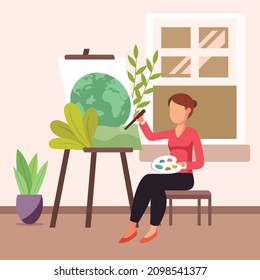 Female paints the ideal shape of the earth to be inhabited. Earth day. All things green. Vector colorful illustration.