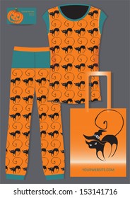 Female pajama with Halloween motives, cats and witch hat, vector illustration