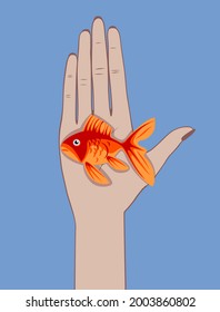 Female palm hand holding a goldfish. Colorful vector illustration in flat style