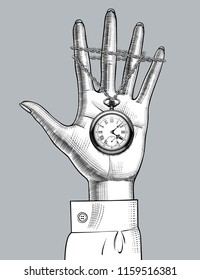 Female palm hand with a retro pocket watch. Vintage stylized drawing. Vector Illustration