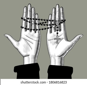 Female palms holding a rosary with a cross. Vintage engraving stylized drawing. Vector illustration