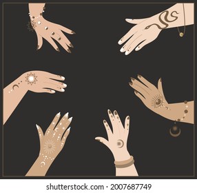 Female Palms with Ornamental Henna Mehendi Paintings Circle.Women Round hands.Esoterics Indian Style.Sacred Woman Group Power.Feminine Meeting,Female Empowerment Energy Union.Flat Vector Illustration