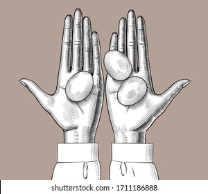 Female palms with three eggs. Vintage color engraving stylized drawing. Vector illustration