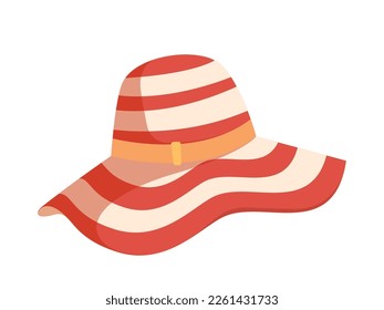 Female Panama Hat with Wide Brim of Natural Textile Material, Red and White Colored Stripes, Ribbon Band And Bow. Classic Summer Accessory For Sun Protection And Style. Cartoon Vector Illustration