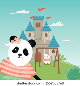 female panda and sheep on the swing and fantasy fairy tale castle vector illustration