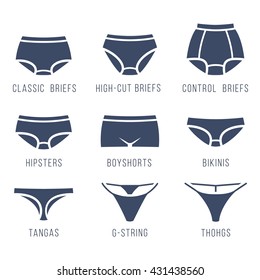 Female panties types flat silhouettes vector icons set. Woman underwear fashion styles collection. Front view. Underclothes infographic design elements. Classic briefs, bikini, string, tanga, thong
