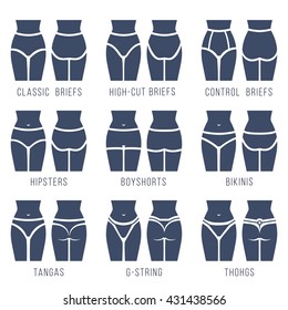 Female panties types flat silhouettes vector icons set. Woman underwear fashion style collection. Girl body front, back view. Clothes infographic design elements. Classic briefs, bikini, string, thong