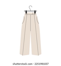 Female pants on hanger. Classic elegant women trousers, stylish fashion apparel wardrobe. Cartoon vector illustration