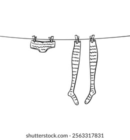 Female panty and long socks drying on a rope attached with clothespins, Hand drawn illustration, Vector sketch