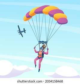 Female parachute skydiver with plane in the sky cartoon illustration