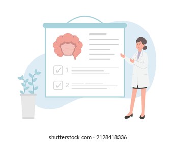 Female paramedic or doctor or laboratory staff or medical specialist making medical report on human organ intestines on stage, medical lecture or conference or seminar