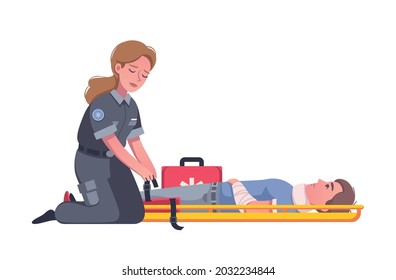 Female paramedic with first aid kit helping injured man after accident cartoon vector illustration