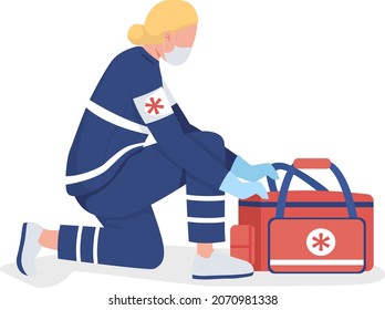 Female paramedic semi flat color vector character. Full body person on white. Licensed practitioner with emergency bag isolated modern cartoon style illustration for graphic design and animation