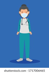 female paramedic using face mask with stethoscope vector illustration design