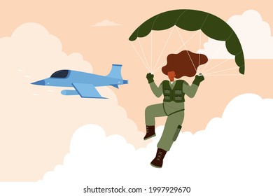 Female Paratrooper At Work. Flat Style Illustration Of A Woman In Camouflage Costume Parachuting From Jet During Her Military Services