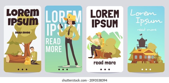 Female Park Ranger cartoon vector illustration set. Forest or wood police officer sitting on a stump reading map. Rangers Wildfires Department Cabin with water tower in the National Park.