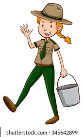 Female Park Ranger Holding Bucket Illustration