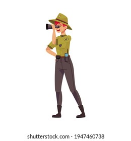 Female as Park Ranger in Khaki Hat and Shirt Watching in Binocular Protecting and Preserving National Parkland Vector Illustration