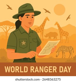 Ranger de Parque Feminino com Mapa em Savana Africana Cercado por Vida Selvagem - Girafas, Rinoceronte, Zebra e Aves Sob o Sol - Vetor Plano para o Dia Mundial do Ranger. EPS 10