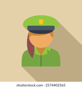 Female park ranger wearing green uniform and hat with long shadow flat icon design