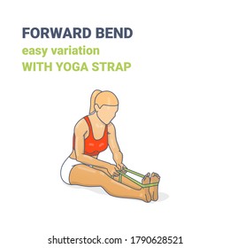 Paschimottanasana o Avance Bend Easy Variation con Ilustración de Yoga Strap. El colorido concepto de mujer insistente de estiramiento dorsal en la cacerola deportiva, zapatillas y pantalones hace el ejercicio de fitness.