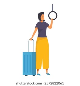Female passenger traveling by bus, train or subway holding a handrail and waiting for her stop