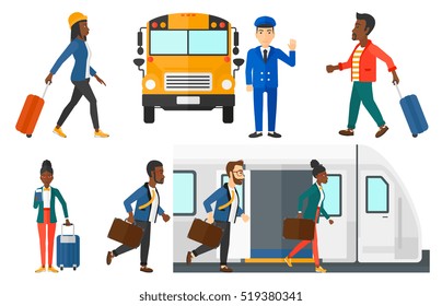 Female passenger walkingwith a suitcase. Passenger with briefcase going out of train. Passenger standing with suitcase and ticket. Set of vector flat design illustrations isolated on white background.