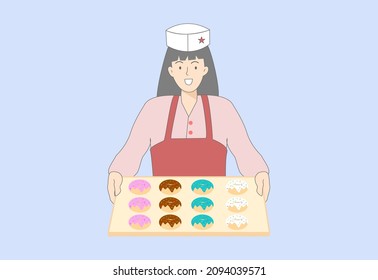 Female pastry baking worker with donut tray. Desserts baker serving concept. Flat style vector illustration.