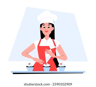 Female Pastry Chef Decorating Cupcakes in Flat Vector Illustration Symbolizing Baking, Cake Decoration, and Confectionery Art, Isolated on White Background