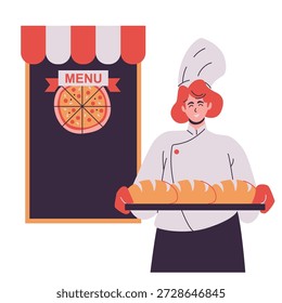 weiblicher Konditor präsentiert Backwarenmenü-Illustration