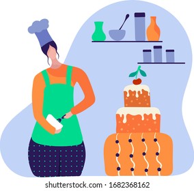 Chica pastelera que prepara pasteles para el concepto de fiesta y la ilustración vectorial, aislada en fondo blanco. Mujer con carácter de muffin y aficiones para el mejoramiento personal, mejor hobby. Estilo de caricatura.