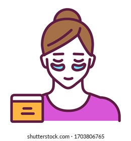 Female with patches under the eyes line color icon. Skin care. Get rid of wrinkles, puffs, dark circles.Isolated vector element. Outline pictogram for web page, mobile app, promo.