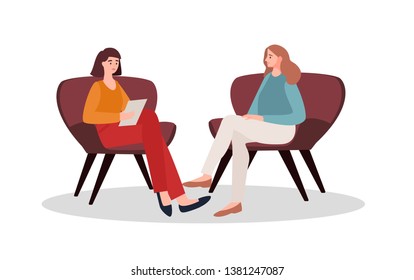 Female patient in armchair and fmale psychologist, psychoanalyst or psychotherapist sitting in front of her and talking. Psychology, psychotherapy, psychological aid. Flat cartoon vector illustration.