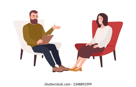 Female patient in armchair and male psychologist, psychoanalyst or psychotherapist sitting in front of her and talking. Psychology, psychotherapy, psychological aid. Flat cartoon vector illustration.