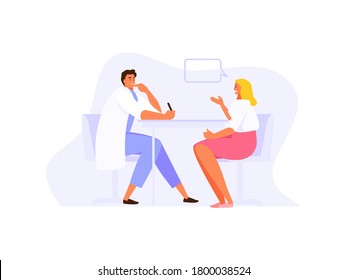 Female patient complains to the doctor. Treatment and medical service vector illustration