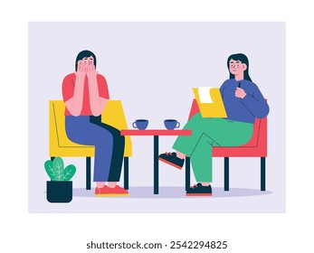 Female patient consulting about mental health with a doctor in a room. Character design. Vector flat illustration