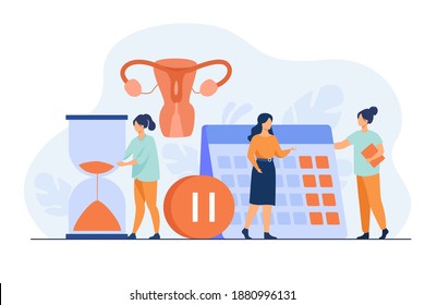 Female Patient Consulting Doctor About Reproductive Health. Hourglass, Calendar, Pause Button. Vector Illustration For Gynecology, Menopause, Estrogen Replacement Therapy Concepts